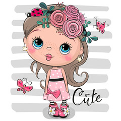 Wall Mural - cartoon girl with flowers and ladybug