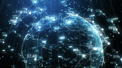 Canvas Print - Planet Earth Digital Hologram Made of Dots Rotation in Cyberspace with Network Grid Growing. 3d Animation Futuristic Business and Technology Concept 4k Ultra HD 3840x2160