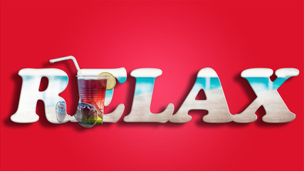 Relax-3D with a glass of cold drink . Creative design for your greeting card, flyers, invitations, posters, brochures, banners, red background.