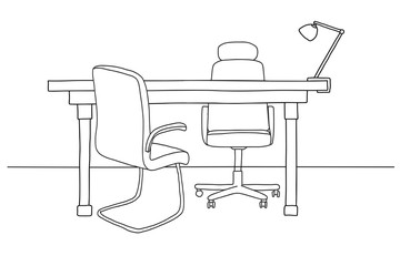 Fototapete - Sketch the room. Office chair, desk, various objects on the table. Sketch workspace. Vector