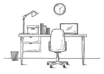 Fototapete - Sketch the workplace in front of the computer. Vector