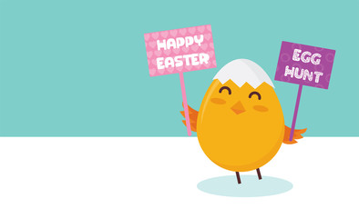 Poster - Cute little chick with happy Easter sign- Vector