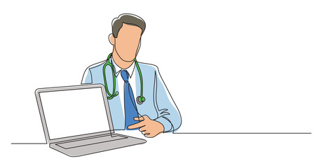 Wall Mural - one line vector drawing of hospital doctor sitting pointing at laptop screen