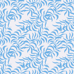 Abstract floral seamless texture with blue leaves of palm tree on pink grey background. Hand drawn shape branches. Cute surface pattern design textile. Wallpaper, wrapping templates. Vector