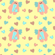 Vector Seamless Pattern With Orange Elephant And Heart With Polka Dots On Yellow Backdrop. Can Be Used For Print On Clothes For Boys And Girls, Package, Banner, Wrapping Paper, Card. Cute Background F