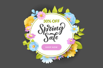 Wall Mural - Floral spring frame on black background. Vector sale banner, flyer, poster template. Papercut style illustration.