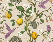 Floral Vector Seamless Pattern. Botanical Wallpaper. Plants, Birds Flowers Backdrop. Drawn Nature Vintage Wallpaper. Lemons, Flowers, Hummingbirds, Blooming Garden. Design For Fabric, Textile, Paper