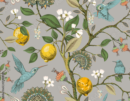 Naklejka - mata magnetyczna na lodówkę Floral vector seamless pattern. Botanical wallpaper. Plants, birds flowers backdrop. Drawn nature vintage wallpaper. Lemons, flowers, hummingbirds, blooming garden. Design for fabric, textile, paper