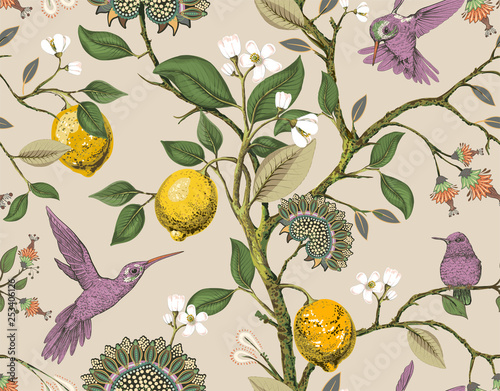 Naklejka dekoracyjna Floral vector seamless pattern. Botanical wallpaper. Plants, birds flowers backdrop. Drawn nature vintage wallpaper. Lemons, flowers, hummingbirds, blooming garden. Design for fabric, textile, paper