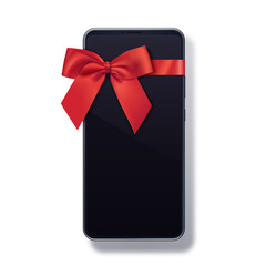 black smartphone with bow isolated on white background. cell phone gift design. mobile phone templat