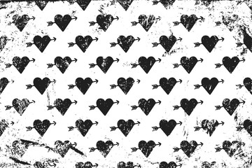 Canvas Print - Grunge pattern with icons of cupid hearts. Horizontal black and white backdrop.