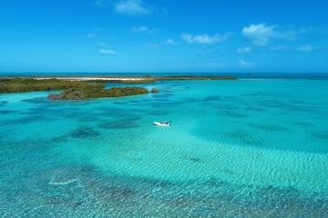 Caribbean sea, Los Roques, Venezuela: vacation on the blue sea and paradisiac beach. Vacation travel. Travel destination. Tropical travel. Great beach scenery. Beautiful landscape.