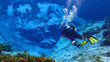 Man scuba diving in a spring in florida in the crystal clear blue water.