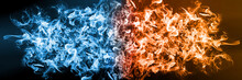 Abstract Fire And Ice Element Against (vs) Each Other Background. Heat And Cold Concept