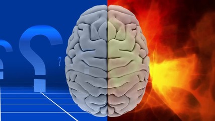 Poster - white brain with question marks and orange abstract background
