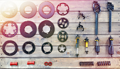 Wall Mural - Spare parts for  bicycle on wooden in shop