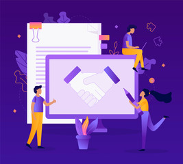 Wall Mural - The conclusion of the transaction for the development of the web site. Handshake partners. Flat vector illustration.