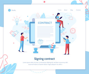 Fototapete - Landing design template. Signing a contract for website development. Business concept. Flat vector illustration.