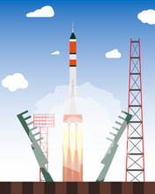 Start rocket from the spaceport. Launch raekty in space. Vector illustration