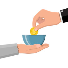 Hand Giving Gold Coin To Beggar Hand. Charity, Donation, Help And Aid Concept. Vector Illustration In Flat Style