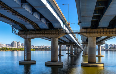 Wall Mural - Han river with Mapogyo Bridge at Yeouido Hangang Park in Seoul, Korea..