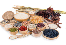Cereal Grains , Seeds, Beans On Wooden Background