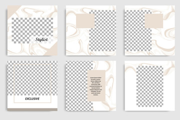 Wall Mural - Editable continuous set square abstract marble texture banner template for social media post and cover. Minimalist design background in soft brown satin color. Vector illustration