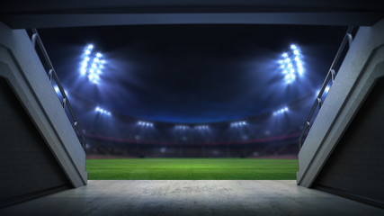 Wall Mural - player entrance to illuminated stadium full of fans, football stadium sport theme digital 3D background advertisement illustration