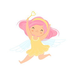 Canvas Print - Lovely Little Winged Fairy with Pink Hair, Beautiful Girl Character in Fairy Costume with Magic Wand Vector Illustration