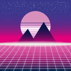 Wall Mural - Synthwave Retro Futuristic Landscape With Pyramids Sun And Styled Laser Grid. Neon Retrowave Design And Elements Sci-fi 80s 90s Space. Vector Illustration Template Isolated Background