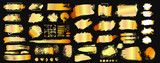 Fototapeta  - Set of golden grunge hand drawn rough box torn shapes. Edge foil frames. Distressed brush strokes, blots, borders and gold dividers. Vector illustration. Isolated on black background.