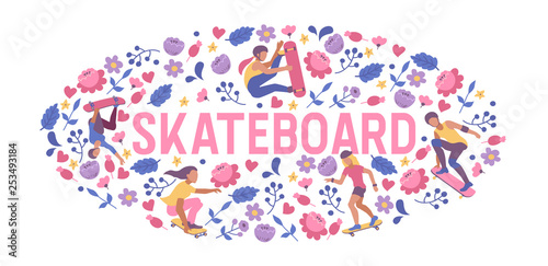 Skateboarders on skateboard vector skateboarding boy or girl characters backd...