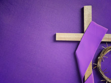 Good Friday, Lent Season And Holy Week Concept - A Religious Cross And A Woven Crown Of Thorns On Purple Background.