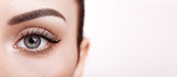 Female Eye with Extreme Long False Eyelashes. Eyelash Extensions. Makeup, Cosmetics, Beauty. Close up, Macro