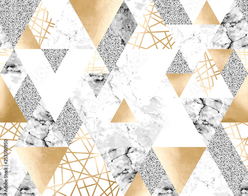 Naklejka na kafelki Seamless geometric pattern with gold metallic lines, silver glitter, gray and marble triangles