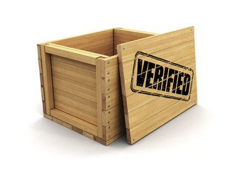 Sticker - Wooden crate with stamp Verified. Image with clipping path