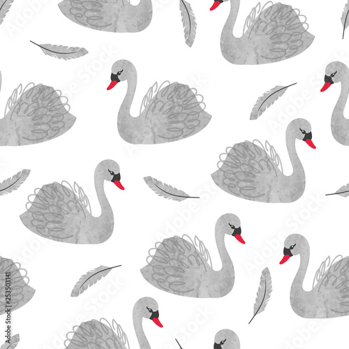 Cotton fabric Seamless vector watercolor beautiful swan pattern.