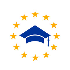 Sticker - A graduate cap with a brush in the circle of the yellow stars of the European Union. concept of studying in Europe, abroad. flat vector illustration isolated on white background.