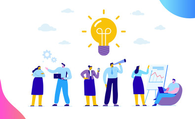 Canvas Print - Flat business people with big Light Bulb Idea. People working together on new Project.  Creativity, Brainstorming, Innovation concept.  Flat Vector illustration.