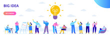 Flat Business People With Big Light Bulb Idea. People Working Together On New Project.  Creativity, Brainstorming, Innovation Concept.  Flat Vector Illustration.