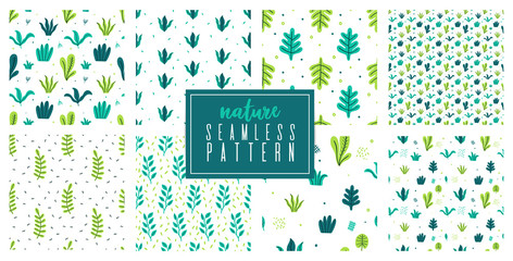 Wall Mural - Leaves flat set. Seamless pattern set Tropical plants isolated on white background. Nature simple green floral. Minimal style fantasy.