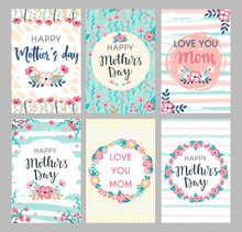 Set Of Mothers Day Greeting Cards. Collection Of Textured Delicate Happy Mother's Day Greeting Cards With Flowers And Wreaths