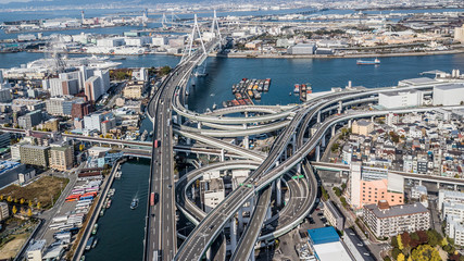 Wall Mural - Aerial view interchange highway and overpass in city of Osaka City, Osaka, Kansai, Japan