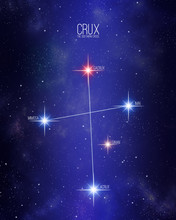 Crux The Southern Cross Constellation On A Starry Space Background With The Names Of Its Main Stars. Relative Sizes And Different Color Shades Based On The Spectral Star Type.