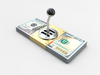 Gearshift on stack of money isolated on gray background. 3d illustration