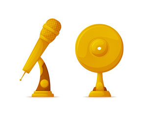Wall Mural - microphone and vinyl disc shape gold trophy cups vector. music award or reward isolated object, musi