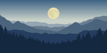 Blue Mountain And Forest Landscape At Night With Full Moon Vector Illustration EPS10