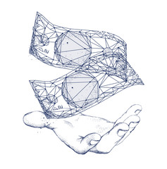 Poster - Money with hand. Business illustration in innovation systems analytical. Graphics and development technologies in trade industry. Future technologies geometry style.