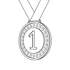 Detailed outline perspective view icon of first place golden medal hanging from a ribbon.