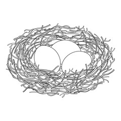 Drawing of outline bird nest from branch with three eggs in black isolated on white background.